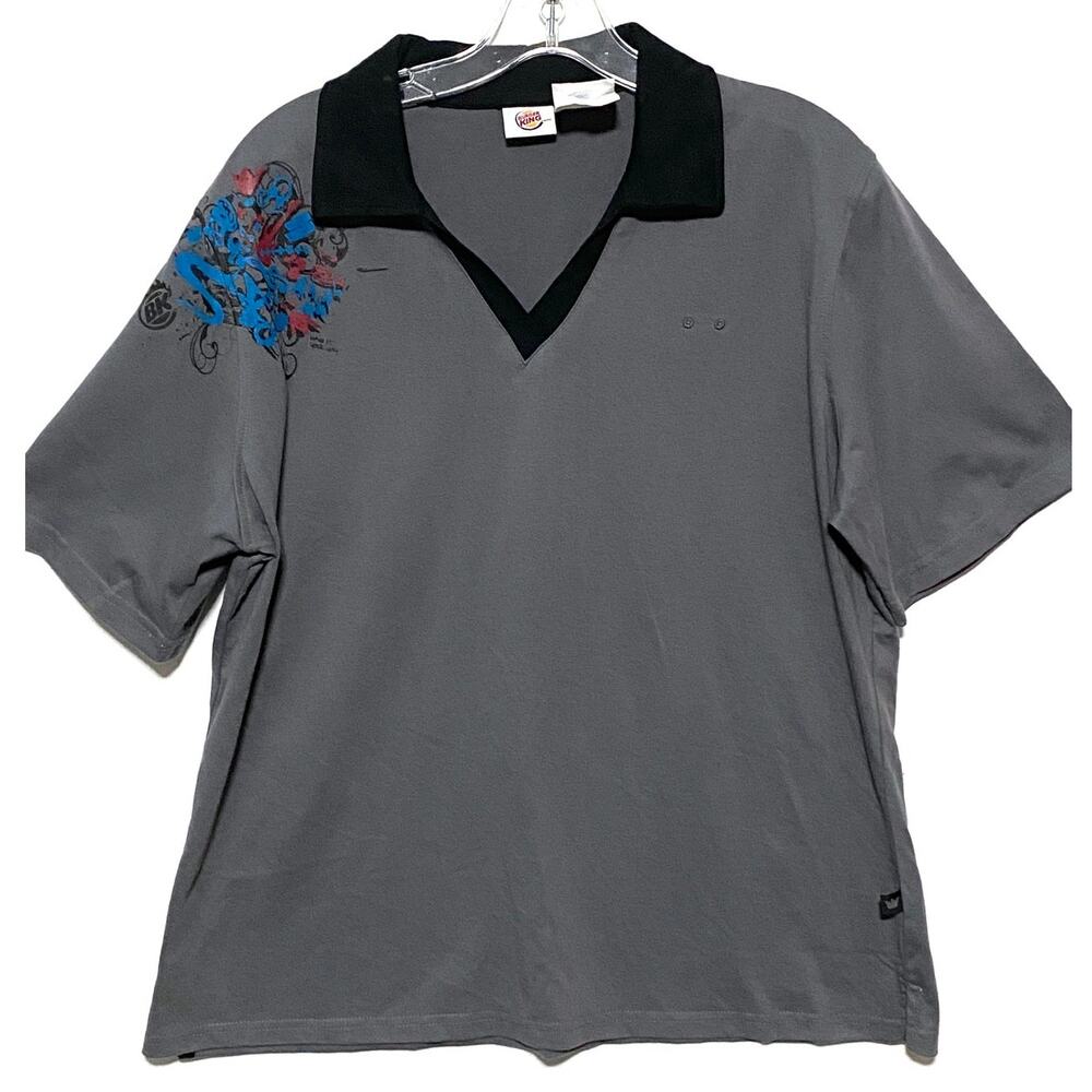 VTG Burger King Uniform Crew Gray Polo Shirt Womens L Shoulder Logo Y2K Work